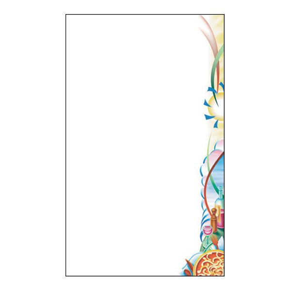 A white sheet of paper with a colorful pasta-themed border design along the right edge, featuring abstract shapes and food elements.