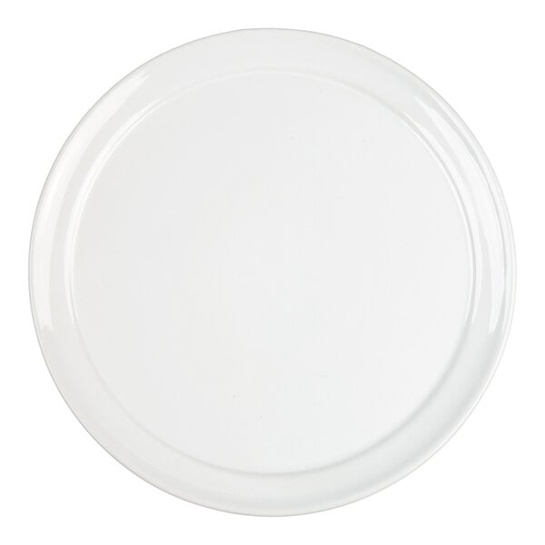 A round, plain white ceramic tray with a slightly raised rim.