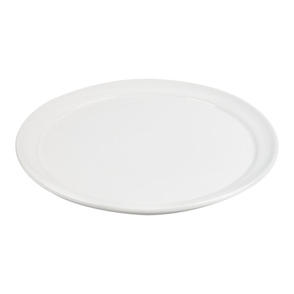 A plain, round, white ceramic tray with a slightly raised edge.
