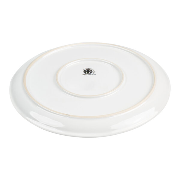 A white ceramic tray shown upside down with a small logo and text at the center.