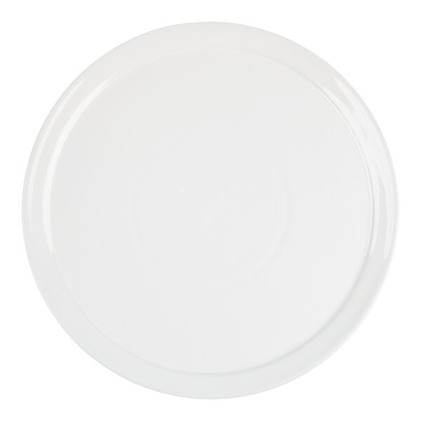 A round, plain white ceramic tray with a slightly raised edge.
