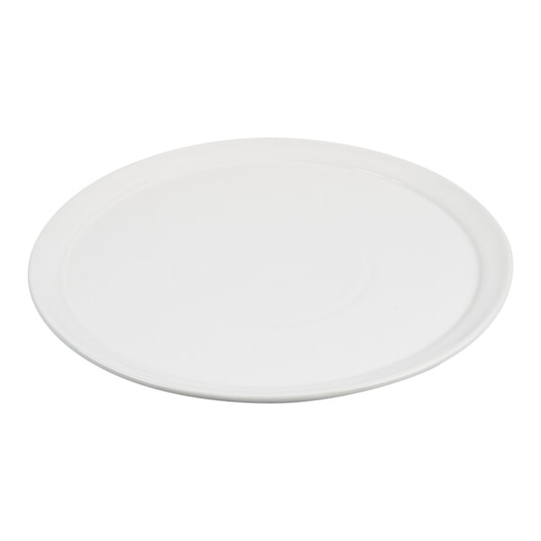 A plain, round, white ceramic tray with a slightly raised edge.