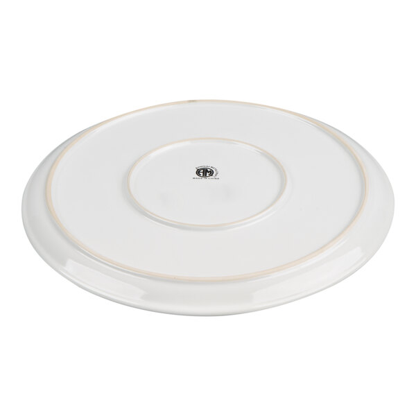 A white ceramic tray with a slightly raised center and a subtle beige rim, shown from the bottom side.