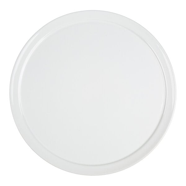 A round, white, ceramic-like tray with a slightly raised edge, viewed from above.