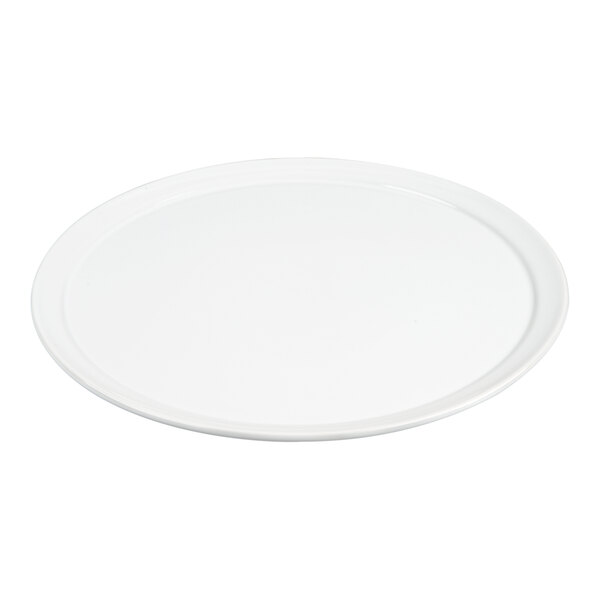 A plain, round, white ceramic tray with a slightly raised edge.