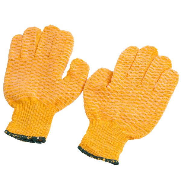A pair of yellow Cordova grip gloves with two-sided criss-cross PVC coating.