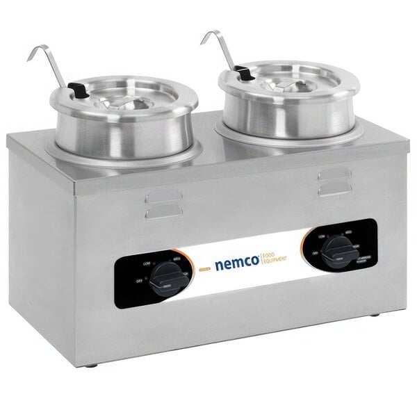 A silver Nemco countertop warmer with two round pots inside.