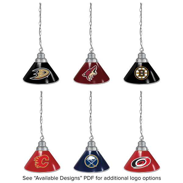 A group of Holland Bar Stool NHL pendant lights with team logos.