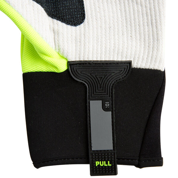 A close up of a Cordova OGRE lime green glove with a black and grey palm coating and TPR reinforcements.