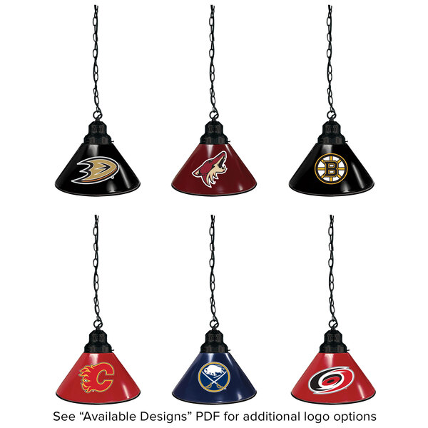 A group of Holland Bar Stool NHL pendant lights with a red and white logo.