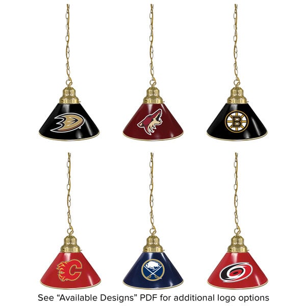 A group of Holland Bar Stool NHL logo pendant lights with a brass finish hanging from a chain.