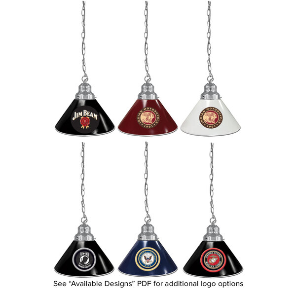 A chrome pendant light with a black and silver Holland Bar Stool logo lamp shade.