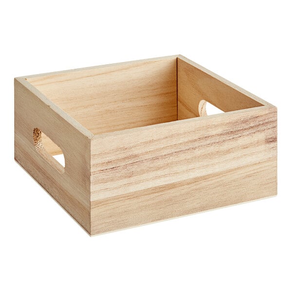 A Choice natural wooden display crate with handles.