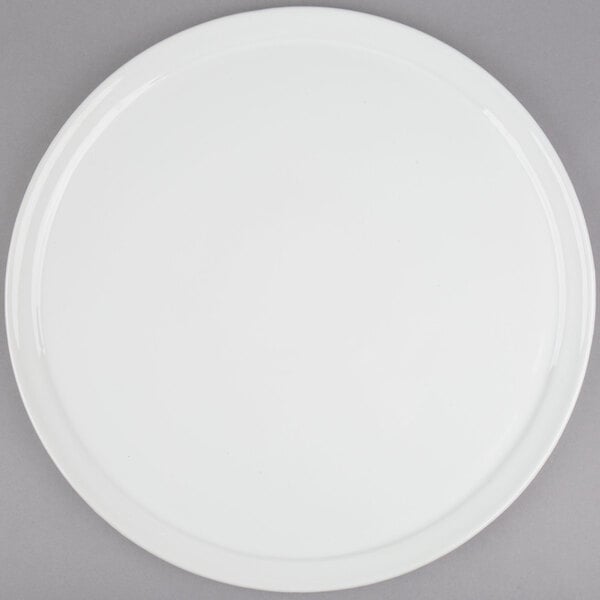 An American Metalcraft white ceramic pizza serving tray with a round rim.