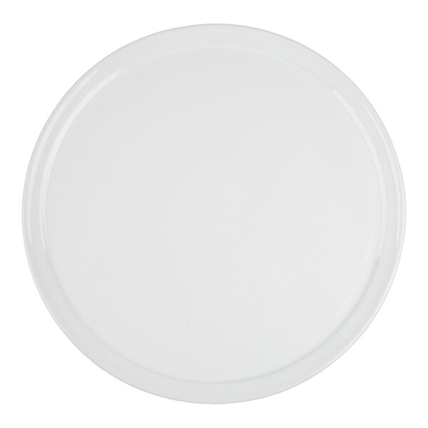A round, plain white ceramic tray with a slightly raised edge.