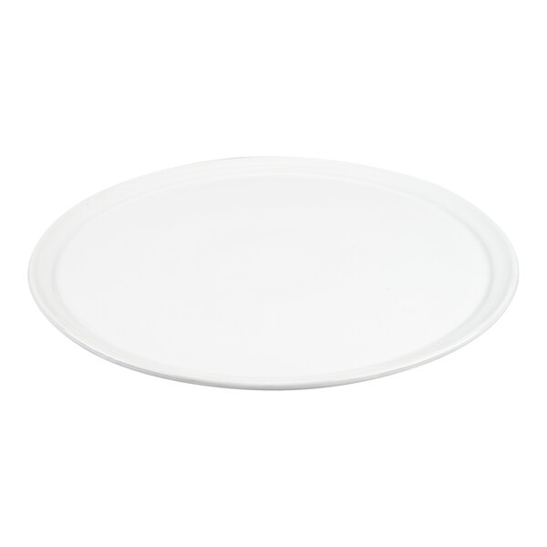 A plain, round, white ceramic tray with a slightly raised edge.