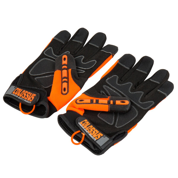 A pair of extra large Cordova warehouse gloves with orange and black TPR protectors and straps.