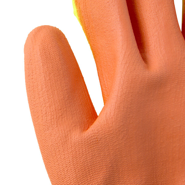 A close up of a large Cordova warehouse glove with a yellow body and orange palm coating.