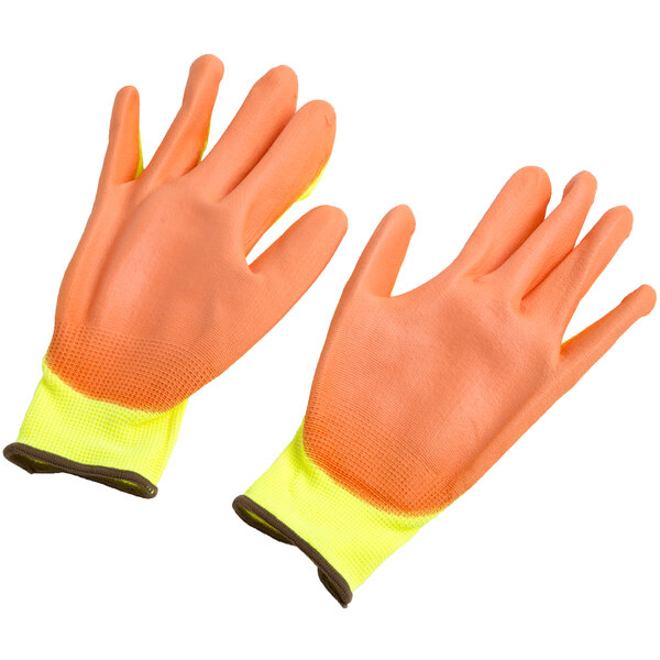 A pair of hi-vis yellow Cordova warehouse gloves with hi-vis orange palm coating.
