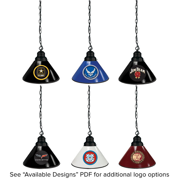 A group of Holland Bar Stool logo pendant lights with black and white logos.