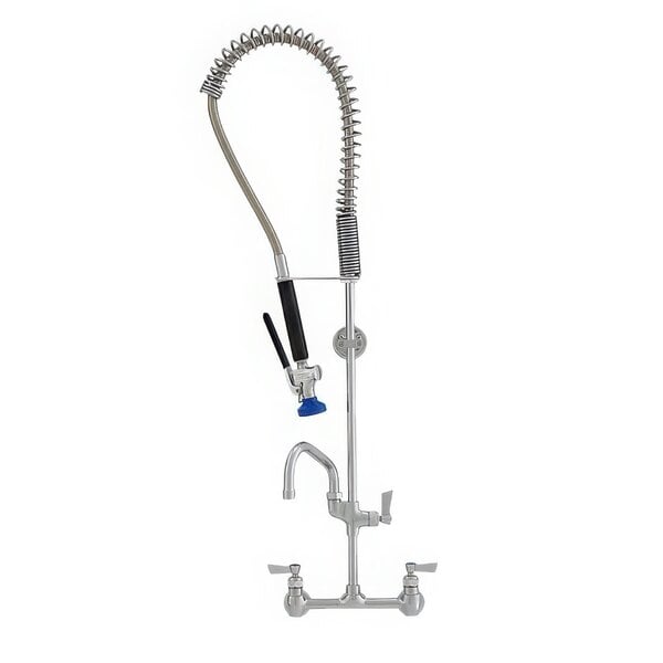 A Fisher stainless steel wall mounted pre-rinse faucet with a hose.
