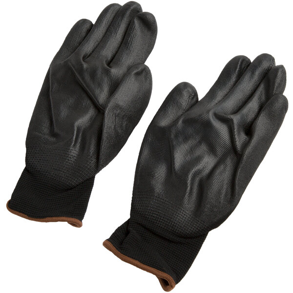 A pair of black Cordova nylon gloves with black polyurethane palms.