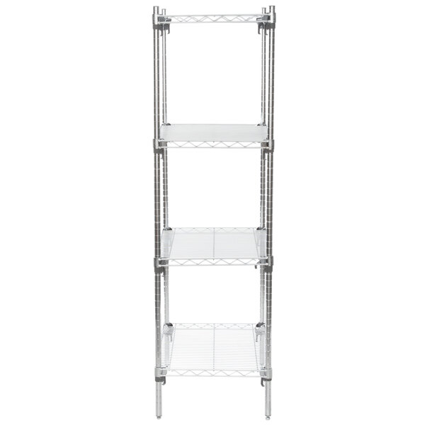 A chrome Metro wire shelving unit with four shelves.
