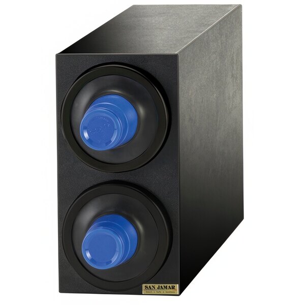 A black box with a blue circle and two blue caps.