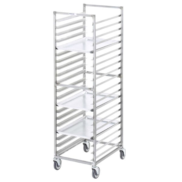 A white sheet tray on a Channel stainless steel sheet pan rack.