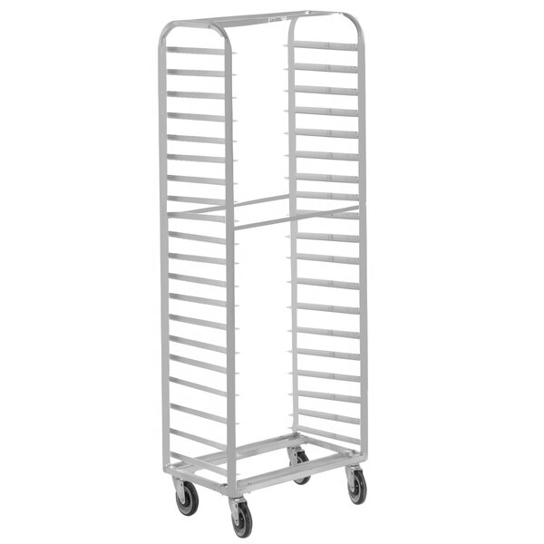 A Channel aluminum sheet pan rack with wheels.