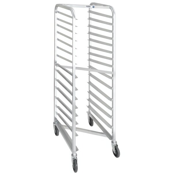 A white heavy-duty aluminum sheet pan rack on wheels.