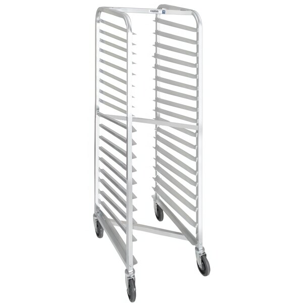 A white metal Channel sheet pan rack with wheels.