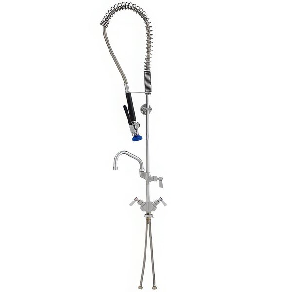 A Fisher pre-rinse faucet with a hose and blue handle.