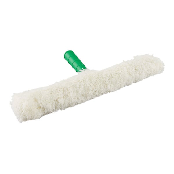 A white fluffy window washer with a green handle.