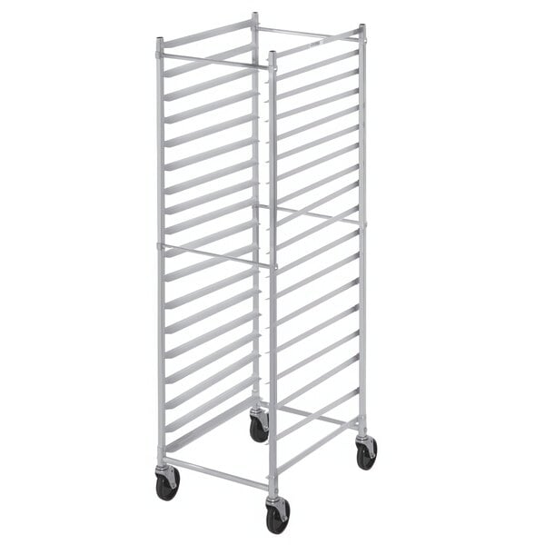 An unassembled Channel aluminum sheet pan rack with wheels.