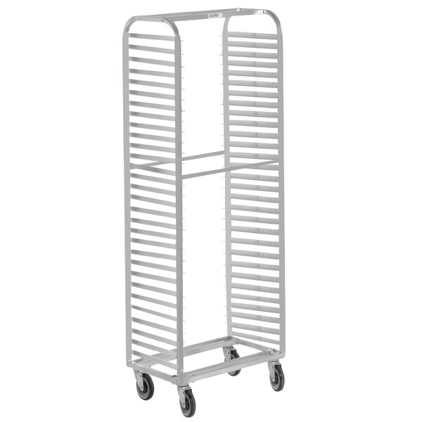 A Channel aluminum sheet pan rack with wheels.