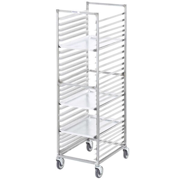 A stainless steel Channel sheet pan rack with four shelves on wheels.