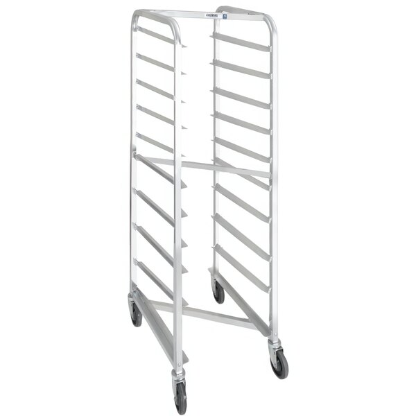 A Channel heavy-duty white metal sheet pan rack with wheels holding six sheet pans.