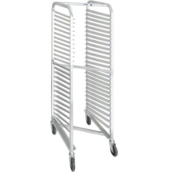 A Channel aluminum sheet pan rack with wheels.