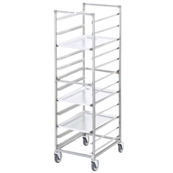 A Channel stainless steel sheet pan rack with four shelves holding a white tray.