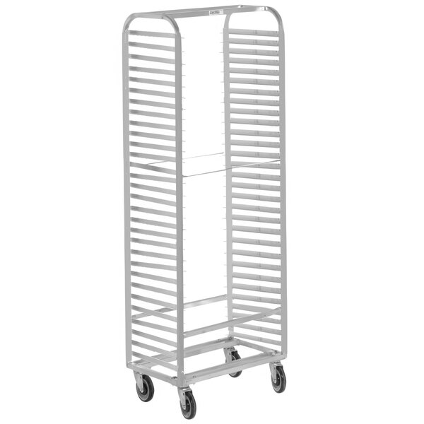 A stainless steel Channel bun pan rack with wheels.