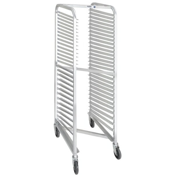 A Channel heavy-duty metal sheet pan rack with wheels.