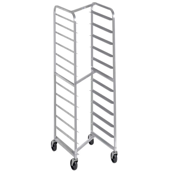 A Channel stainless steel sheet pan rack with wheels.