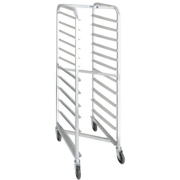 A white metal Channel sheet pan rack with wheels holding sheet pans.