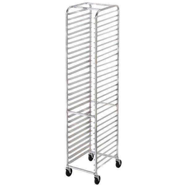 A Channel aluminum sheet pan rack with wheels.