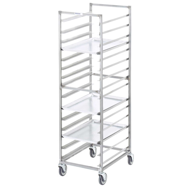 A Channel metal sheet pan rack with four shelves on wheels holding a white tray.