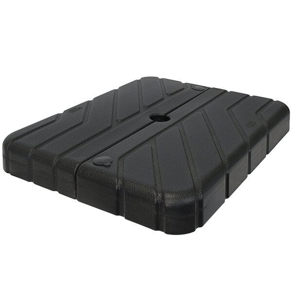 A California Umbrella black plastic fillable umbrella base with a hole.