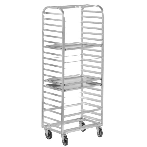 A silver metal Channel sheet pan rack with shelves on wheels.