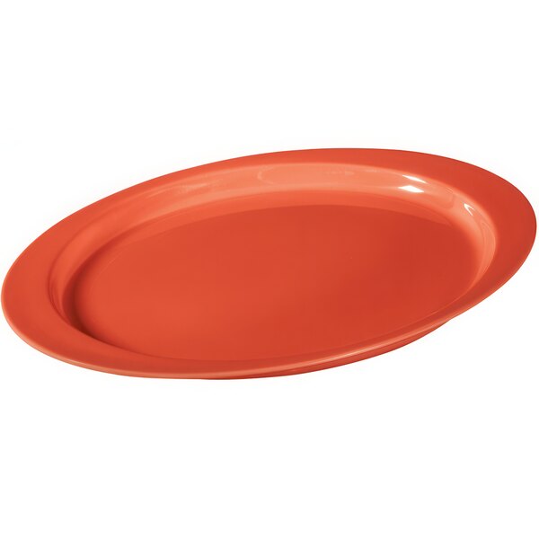 An orange oval melamine platter with round edges.