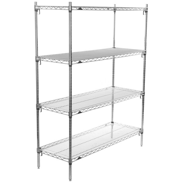 A Metro chrome wire shelving unit with four shelves.